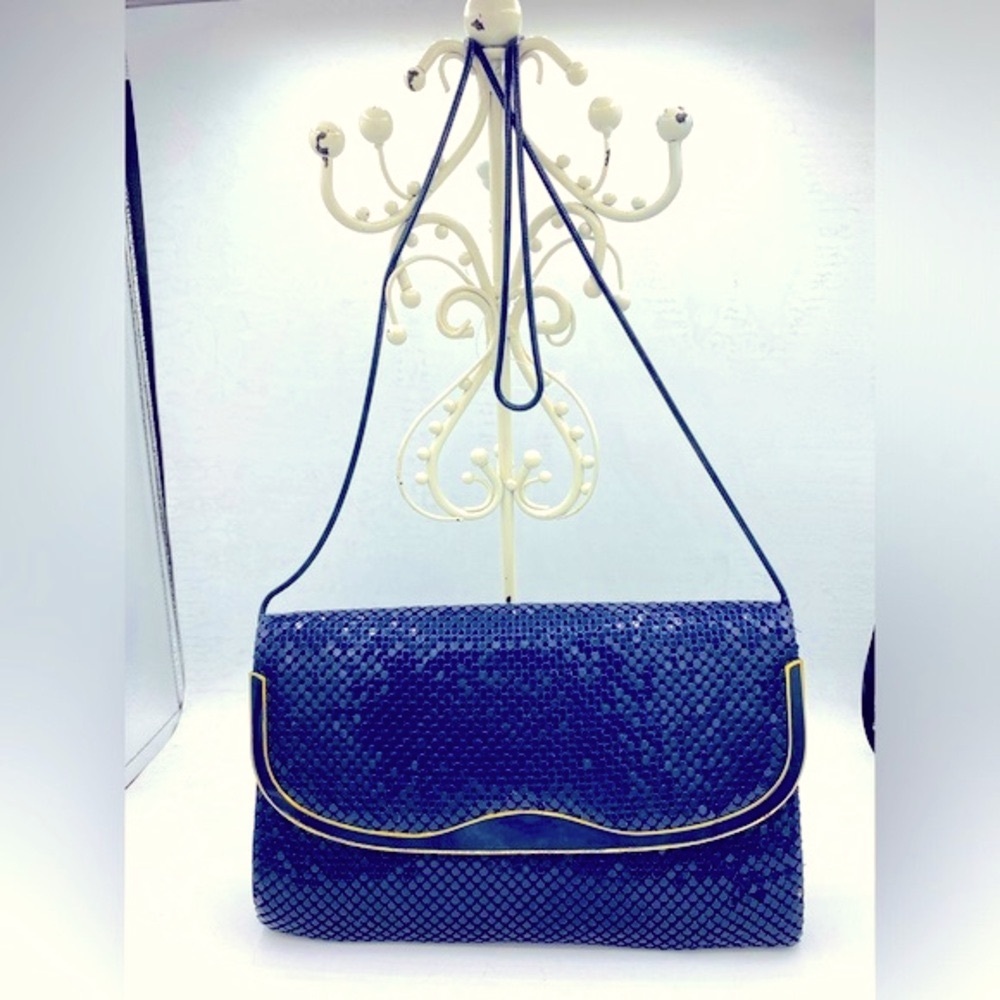 Y&S Navy Blue Mesh Metal Shoulder Bag/ Clutch with Gold Accent Snake Chain Strap